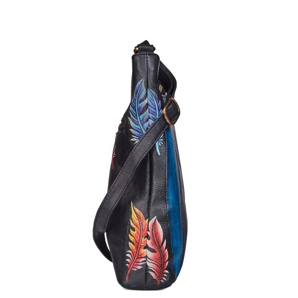 Leather Hand-Painted Feather Artwork Women Crossbody Sling Bag, Messenger Purse - Picture 3 of 6